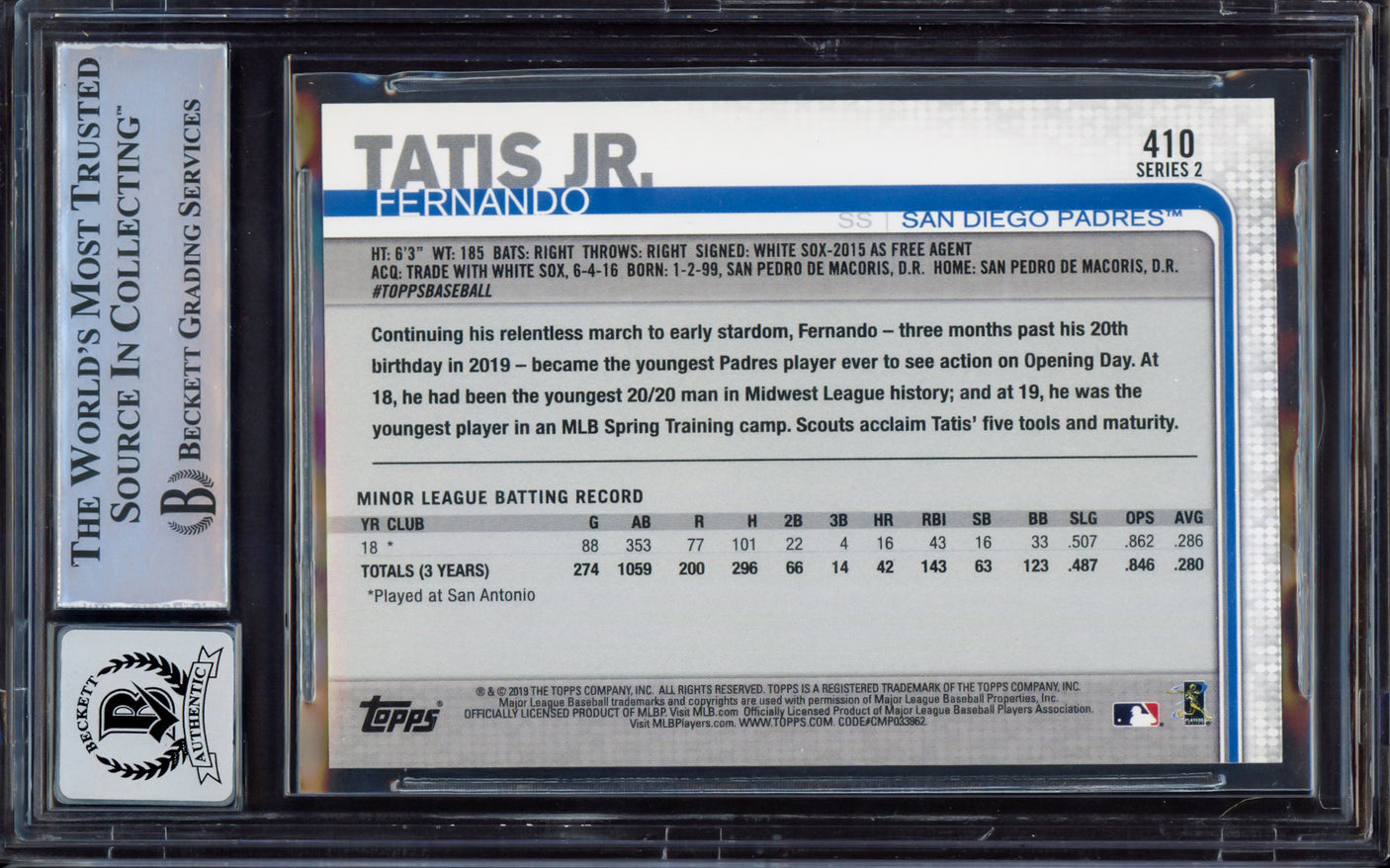 Fernando Tatis Jr. Autographed 2019 Topps Rookie Card #410 San Diego Padres BGS 8.5 Auto Grade Near Mint/Mint 8 (Smudged) Beckett BAS #15469251