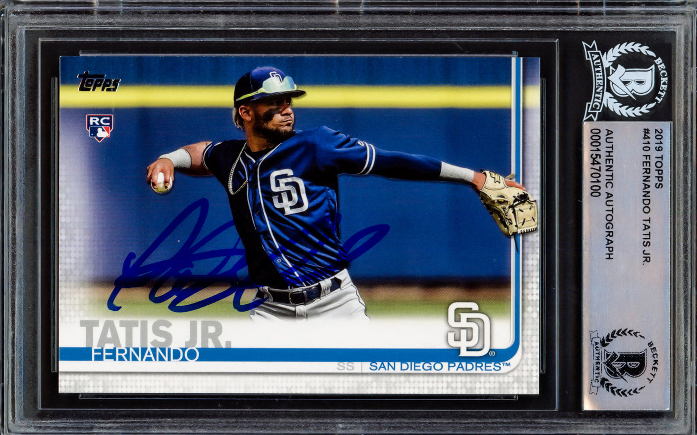 Fernando Tatis Jr. Autographed 2019 Topps Rookie Card #410 San Diego Padres Beckett BAS #15470100
