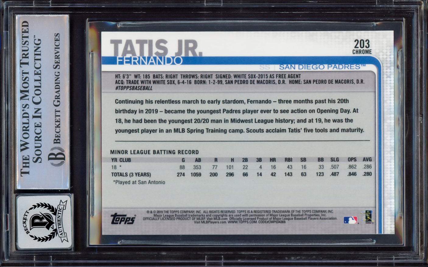 Fernando Tatis Jr. Autographed 2019 Topps Chrome Prism Refractor Rookie Card #203 San Diego Padres BGS 8.5 Auto Grade Near Mint/Mint 8 Beckett BAS #15469255