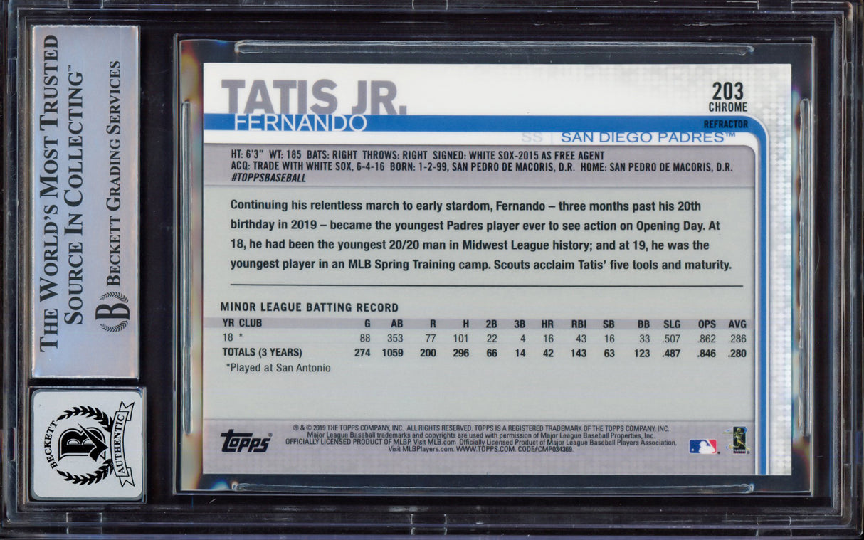 Fernando Tatis Jr. Autographed 2019 Topps Chrome Sepia Refractor Rookie Card #203 San Diego Padres BGS 9 Auto Grade Near Mint/Mint 8 Beckett BAS #15467838