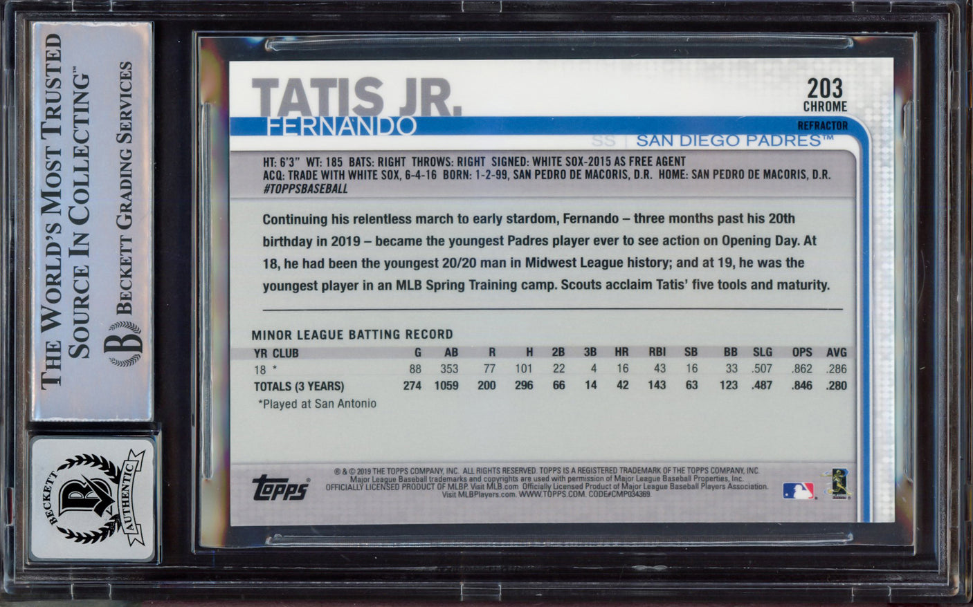 Fernando Tatis Jr. Autographed 2019 Topps Chrome Sepia Refractor Rookie Card #203 San Diego Padres BGS 8.5 Auto Grade Near Mint/Mint 8 Beckett BAS #15469258