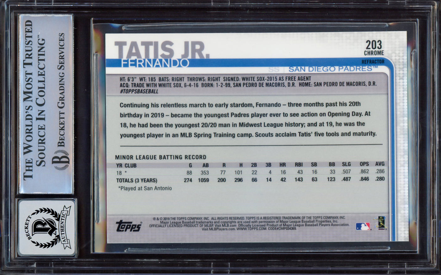 Fernando Tatis Jr. Autographed 2019 Topps Chrome Sepia Refractor Rookie Card #203 San Diego Padres BGS 8.5 Auto Grade Near Mint/Mint 8 Beckett BAS #15469257