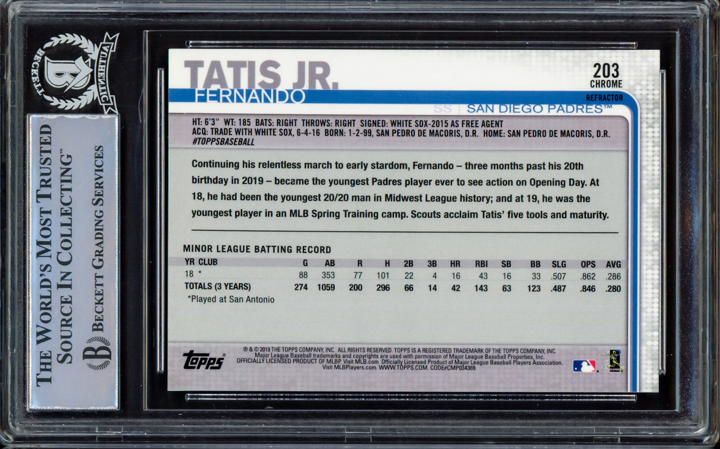 Fernando Tatis Jr. Autographed 2019 Topps Chrome Refractor Rookie Card #203 San Diego Padres (Bubbling) Beckett BAS #15470102