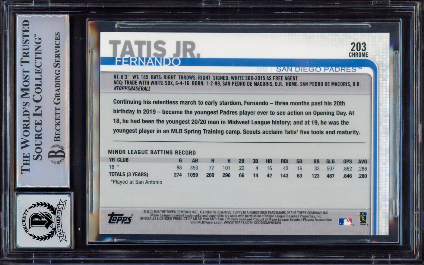 Fernando Tatis Jr. Autographed 2019 Topps Chrome Rookie Card #203 San Diego Padres BGS 9 Auto Grade Near Mint/Mint 8 Beckett BAS #15467842