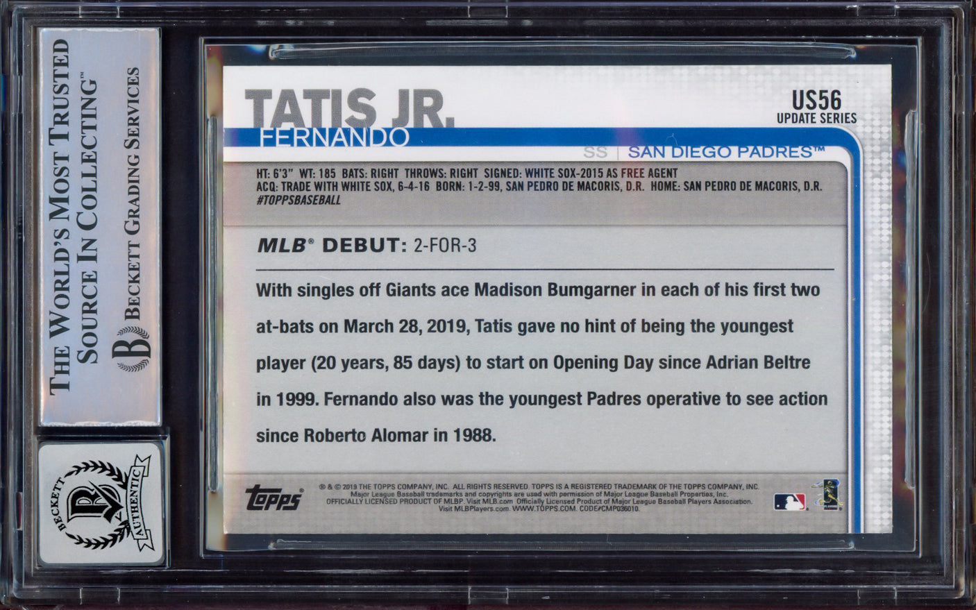Fernando Tatis Jr. Autographed 2019 Topps Update Rookie Card #US56 San Diego Padres BGS 8.5 Auto Grade Mint 9 Beckett BAS #15468803