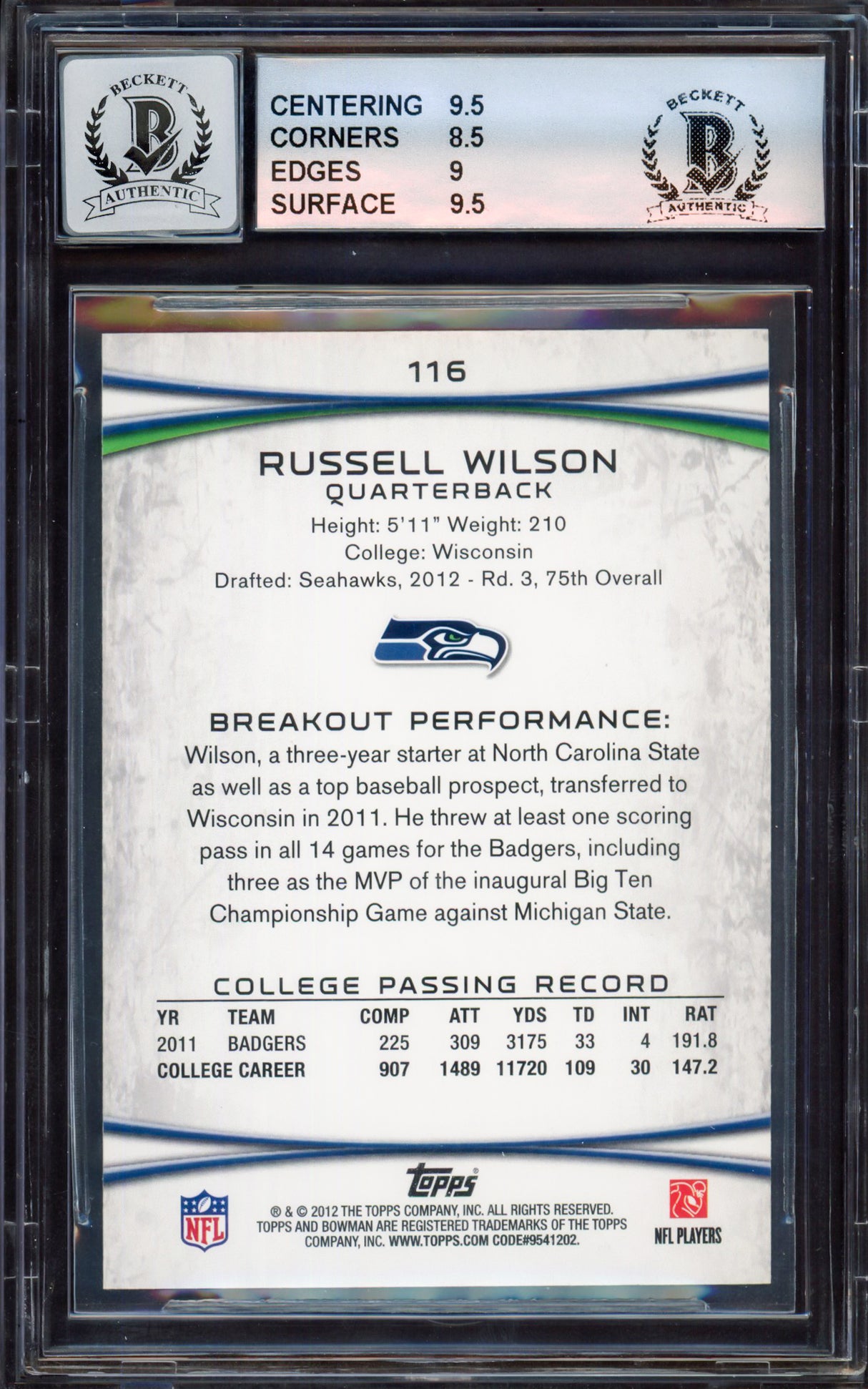 Russell Wilson Autographed 2012 Bowman Rookie Card #116A Seattle Seahawks BGS 9 Auto Grade Gem Mint 10 Beckett BAS #15463798