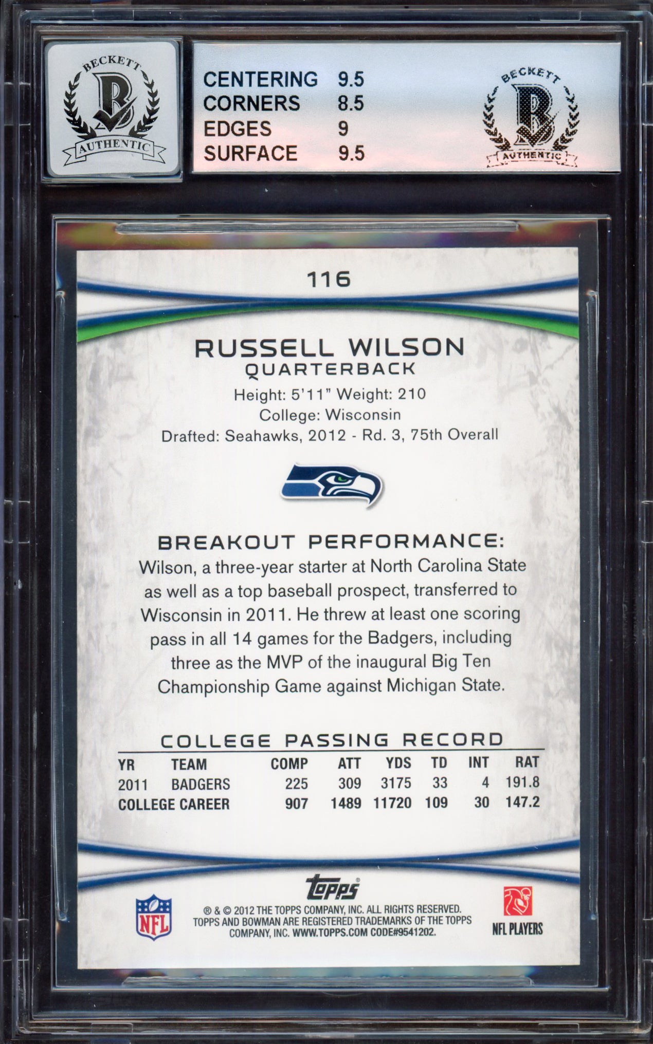 Russell Wilson Autographed 2012 Bowman Rookie Card #116A Seattle Seahawks BGS 9 Auto Grade Gem Mint 10 Beckett BAS #15463798