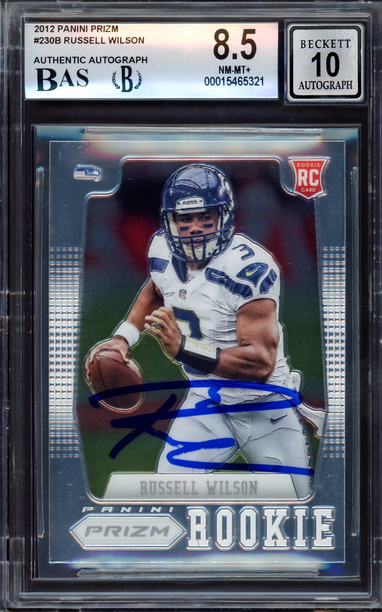 Russell Wilson Autographed 2012 Panini Prizm Rookie Card #230B Seattle Seahawks BGS 8.5 Auto Grade Gem Mint 10 Beckett BAS #15465321