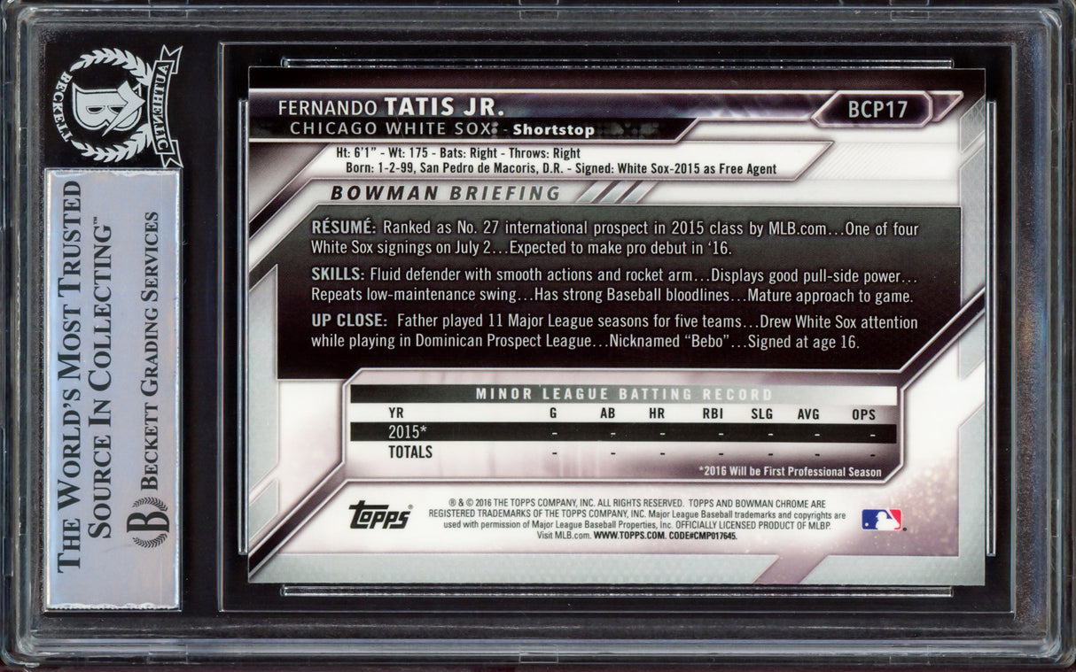 Fernando Tatis Jr. Autographed 2016 Bowman Chrome Prospects Rookie Card #BCP17 San Diego Padres Beckett BAS Stock #213281