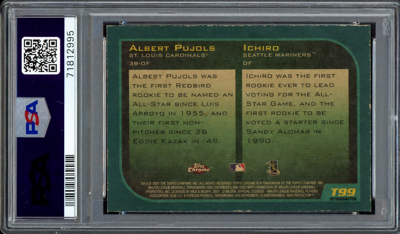 Albert Pujols & Ichiro Suzuki Autographed 2001 Topps Chrome Retrofractor Rookie Card #T99 Auto Grade Gem Mint 10 "01 ROY" PSA/DNA #71812995