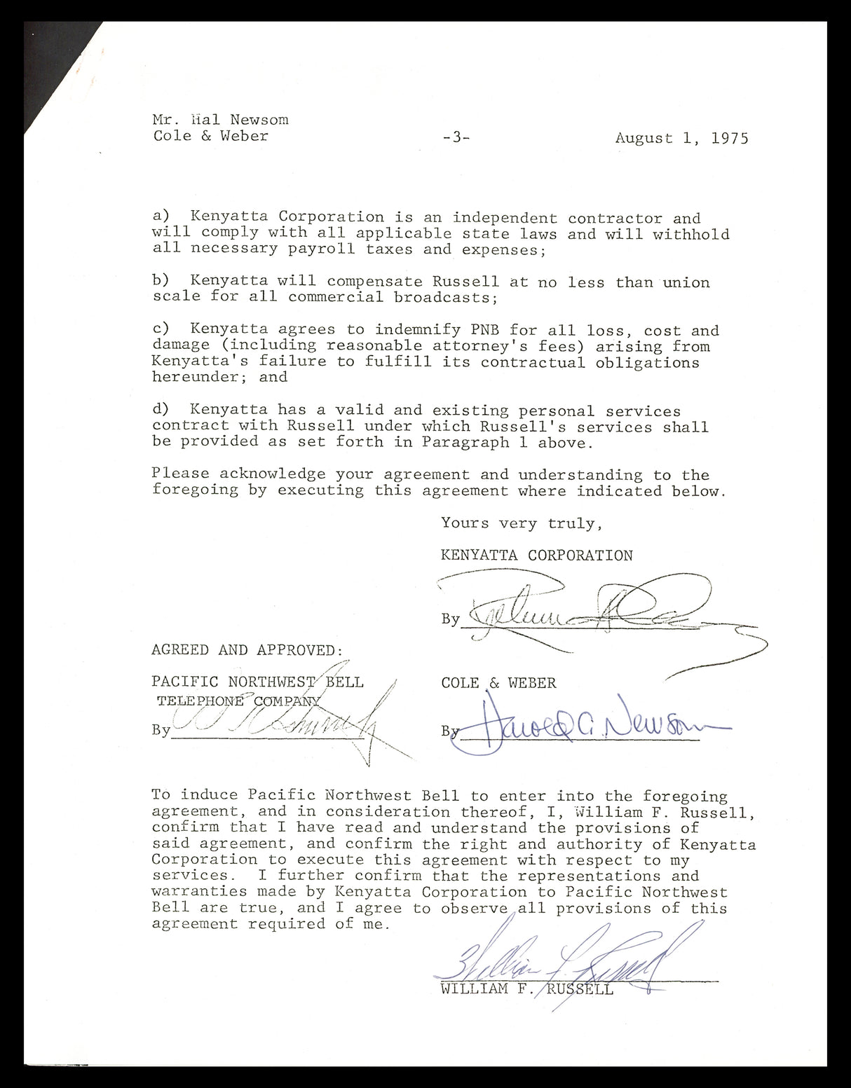 Bill Russell Autographed 1975 TV Contract Boston Celtics Beckett BAS #AC74544