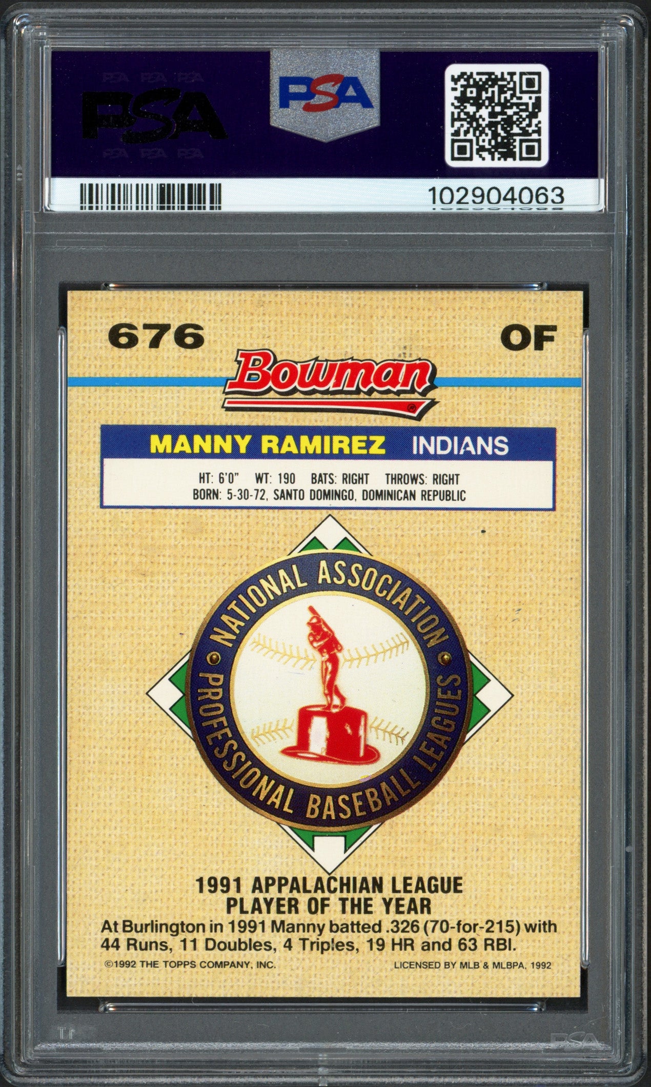 Manny Ramirez Autographed 1992 Bowman Foil Rookie Card #676 Cleveland Indians PSA 8 Auto Grade Gem Mint 10 PSA/DNA Stock #239736