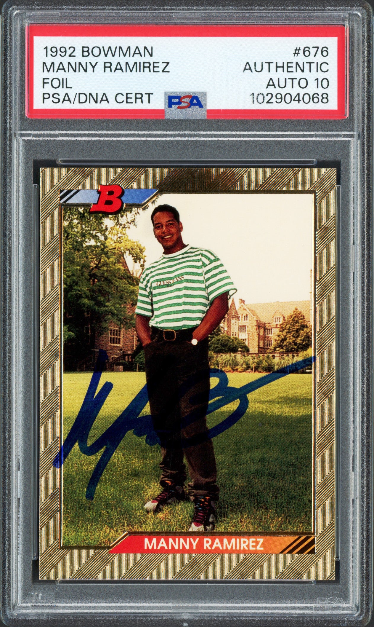 Manny Ramirez Autographed 1992 Bowman Foil Rookie Card #676 Cleveland Indians Auto Grade Gem Mint 10 PSA/DNA Stock #239737