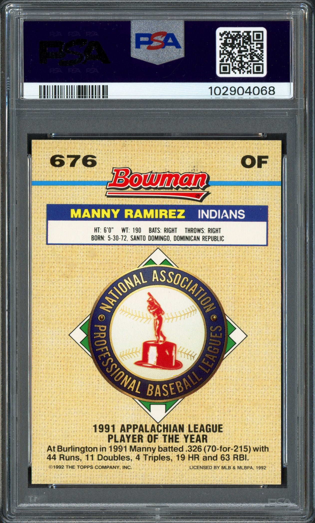 Manny Ramirez Autographed 1992 Bowman Foil Rookie Card #676 Cleveland Indians Auto Grade Gem Mint 10 PSA/DNA Stock #239737