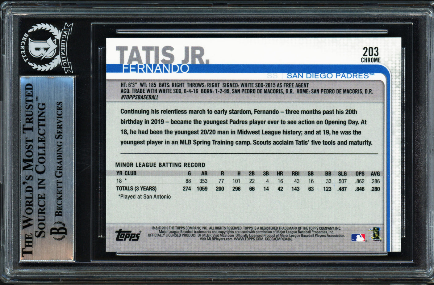 Fernando Tatis Jr. Autographed 2019 Topp Chrome Rookie Card #203 San Diego Padres (Bubbling) Beckett BAS Stock #239740