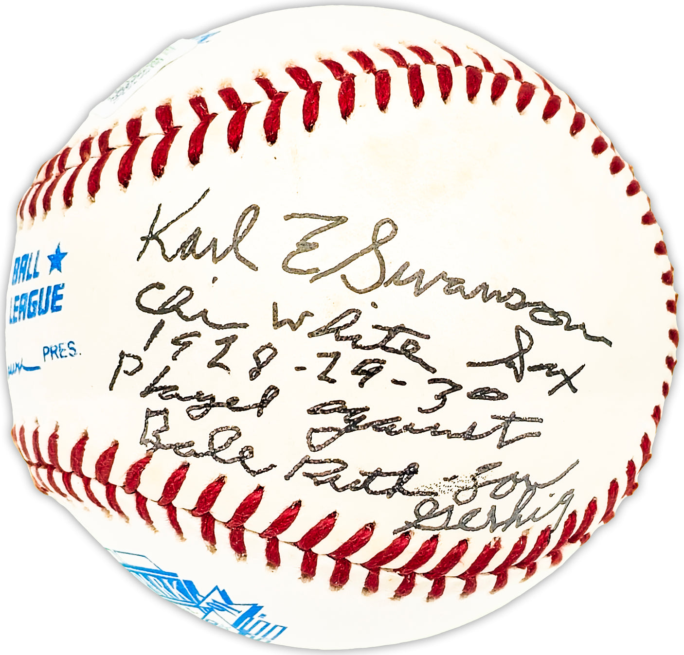 Karl Swanson Autographed Official Comiskey Park AL Baseball Chicago White Sox "1928-29-30 Played against Babe Ruth & Lou Gehrig" Beckett BAS QR #BM25632