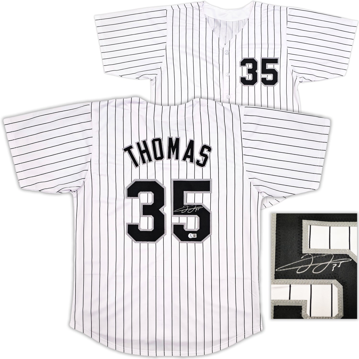 Chicago White Sox Frank Thomas Autographed White Pinstripe Jersey Beckett BAS Witness Stock #239749
