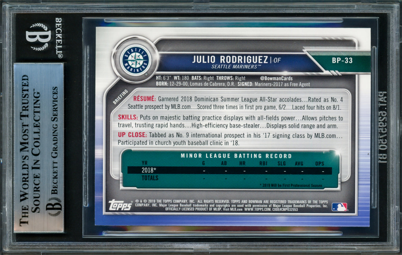 Julio Rodriguez Autographed 2019 1st Bowman Prospects Rookie Card #BP33 Seattle Mariners Beckett BAS Stock #227333