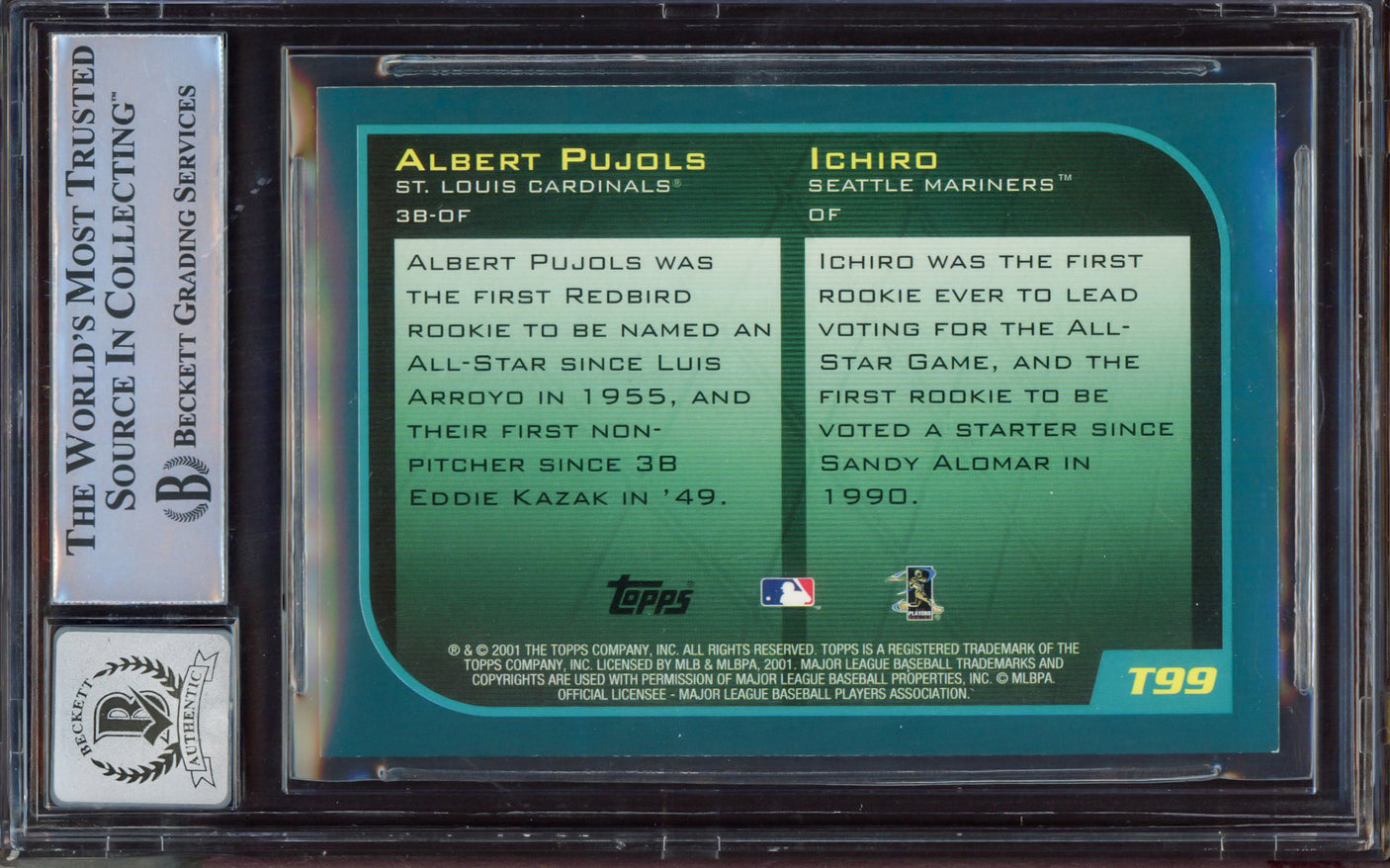 Albert Pujols & Ichiro Suzuki Autographed 2001 Topps Traded Rookie Card #T99 Auto Grade Gem Mint 10 "01 ROY " Beckett BAS #15495746
