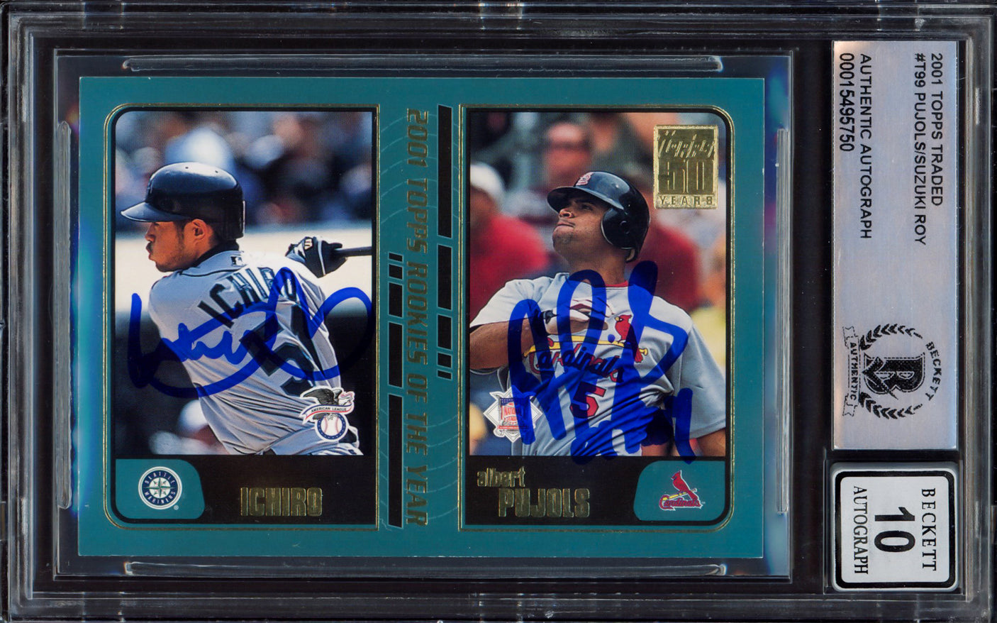 Albert Pujols & Ichiro Suzuki Autographed 2001 Topps Traded Rookie Card #T99 Auto Grade Gem Mint 10 Beckett BAS #15495750