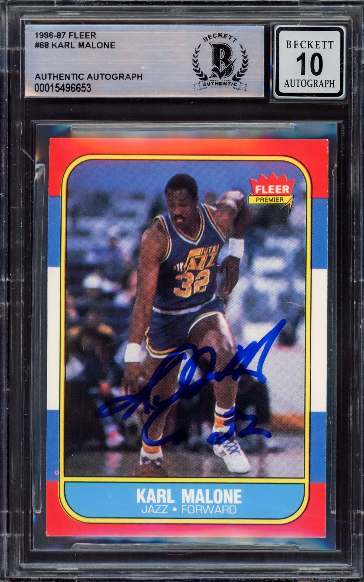 Karl Malone Autographed 1986-87 Fleer Rookie Card #68 Utah Jazz Auto Grade Gem Mint 10 Beckett BAS #15496653