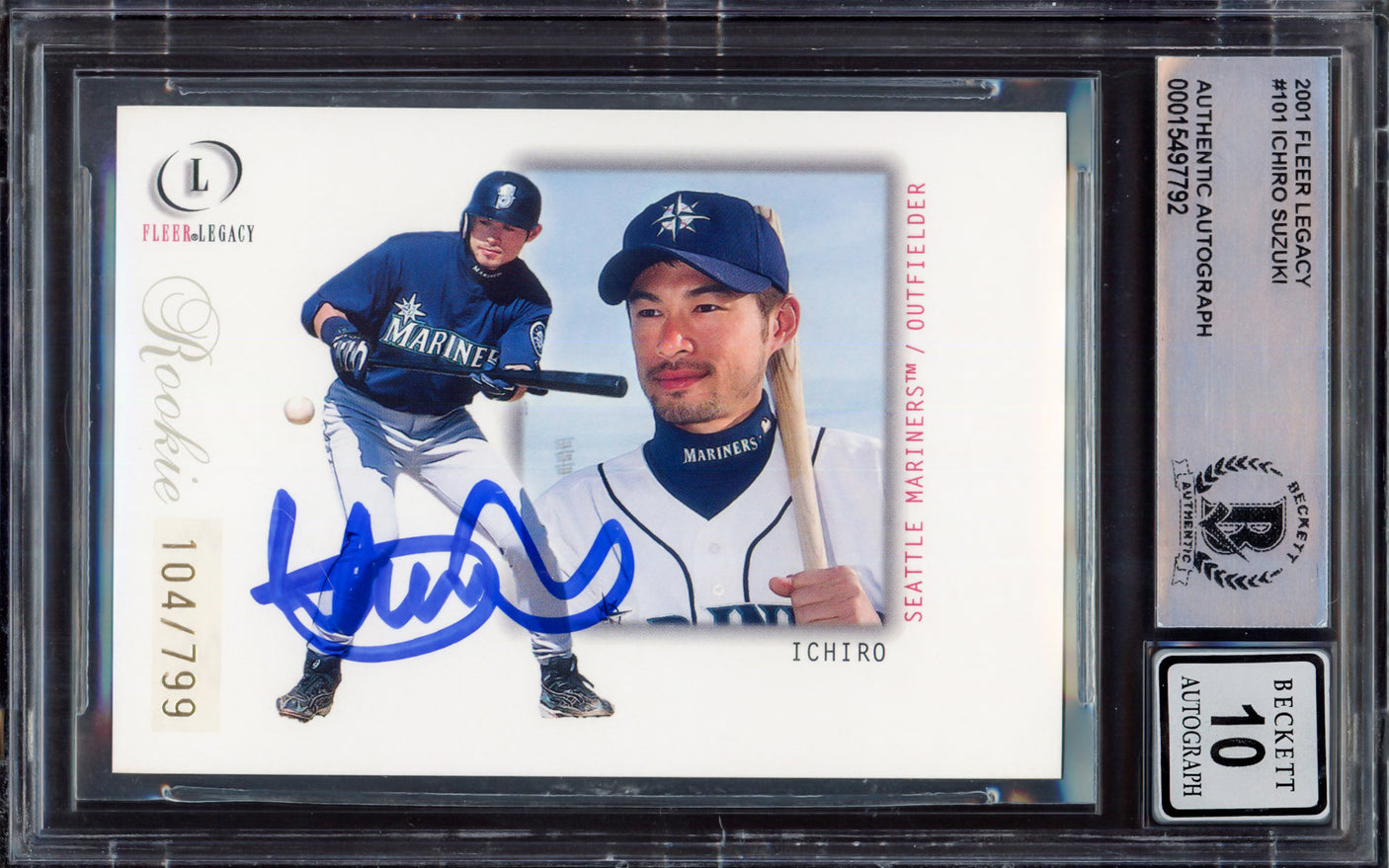 Ichiro Suzuki Autographed 2001 Fleer Legacy Rookie Card #101 Seattle Mariners Auto Grade Gem Mint 10 #104/799 Beckett BAS #15497792