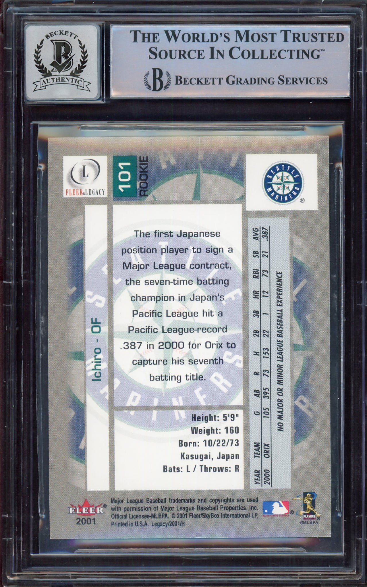 Ichiro Suzuki Autographed 2001 Fleer Legacy Rookie Card #101 Seattle Mariners Auto Grade Gem Mint 10 #104/799 Beckett BAS #15497792