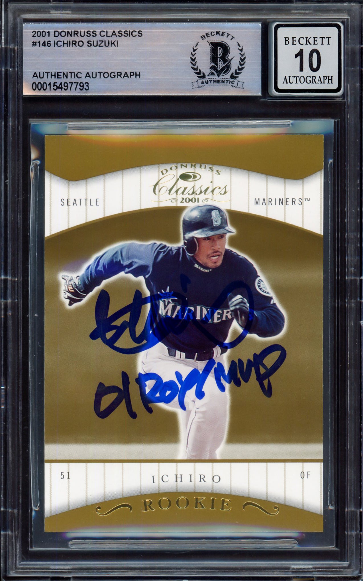 Ichiro Suzuki Autographed 2001 Donruss Classics Rookie Card #146 Seattle Mariners Auto Grade Gem Mint 10 "01 ROY/MVP" #141/585 Beckett BAS #15497793
