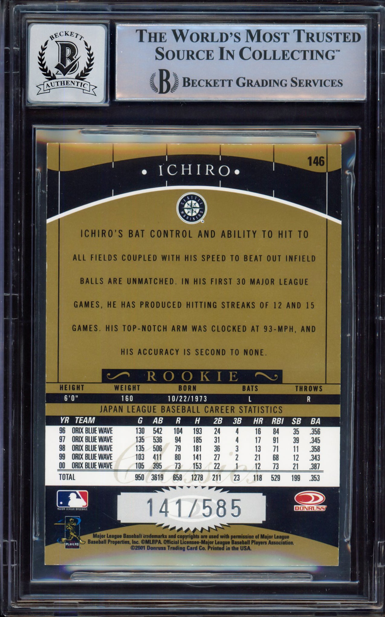 Ichiro Suzuki Autographed 2001 Donruss Classics Rookie Card #146 Seattle Mariners Auto Grade Gem Mint 10 "01 ROY/MVP" #141/585 Beckett BAS #15497793