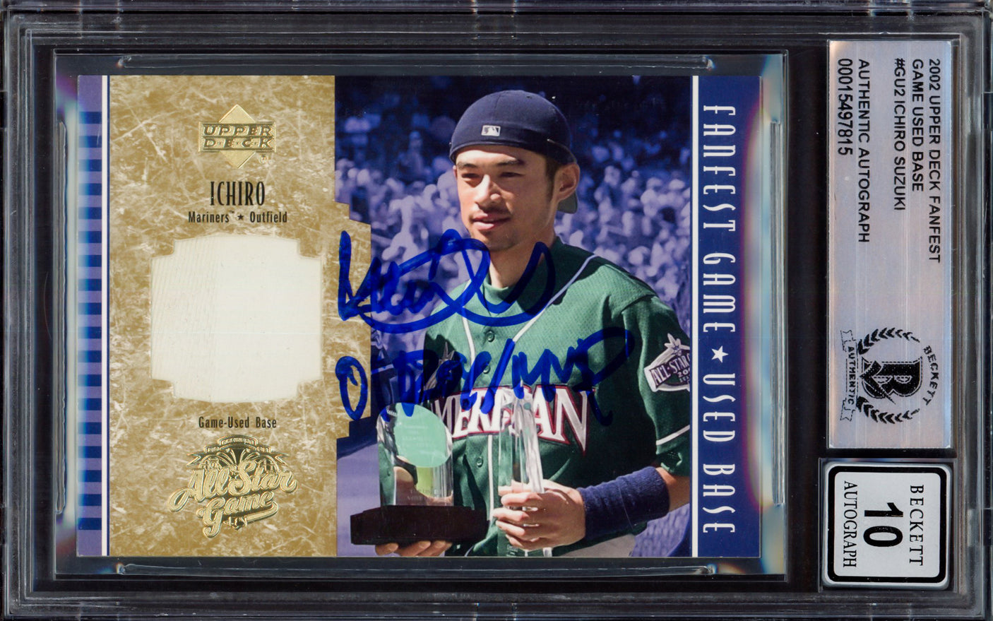 Ichiro Suzuki Autographed 2002 Upper Deck All Star Game Used Base Card #GU2 Seattle Mariners Auto Grade Gem Mint 10 "01 ROY/MVP" 2001 ALCS Game 1 Beckett BAS #15497815
