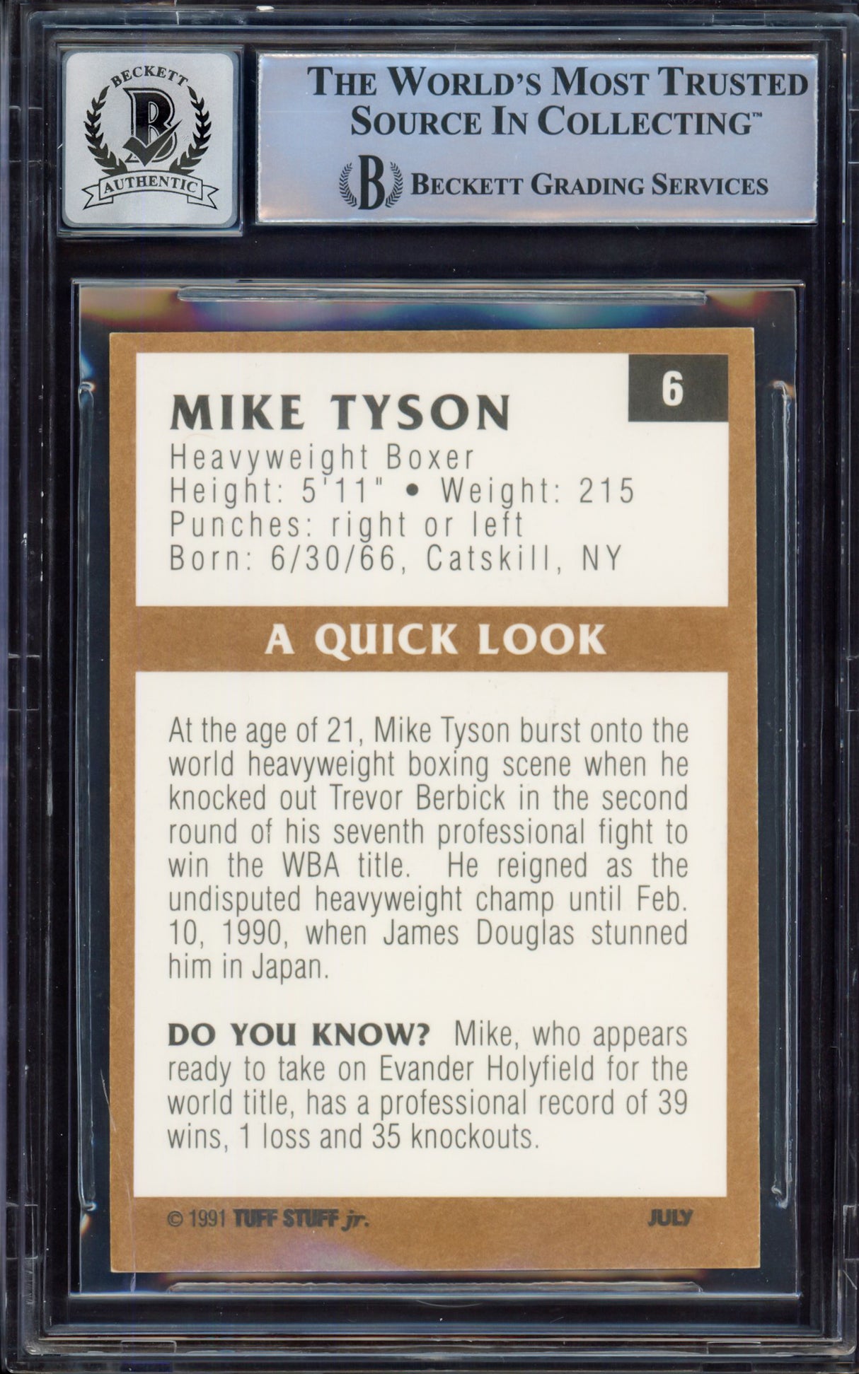 Mike Tyson Autographed 1991 Tuff Stuff Jr. Magazine Card #6 Auto Grade Gem Mint 10 Beckett BAS #15498037