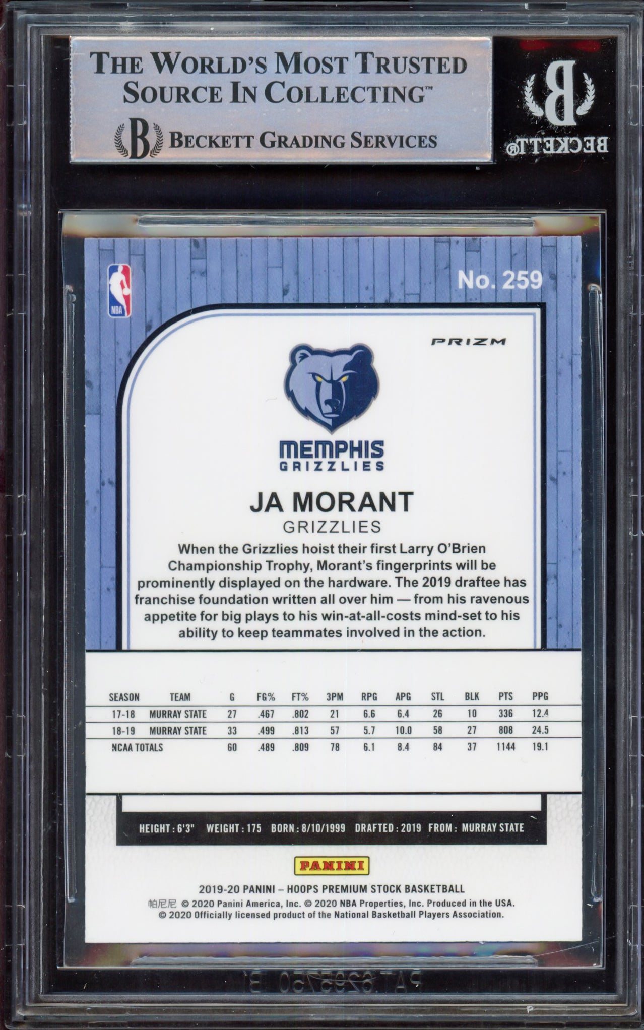 Ja Morant Autographed 2019-20 Hoops Premium Stock Prizms Pulsar Rookie Card #259 Memphis Grizzlies Beckett BAS #15248864