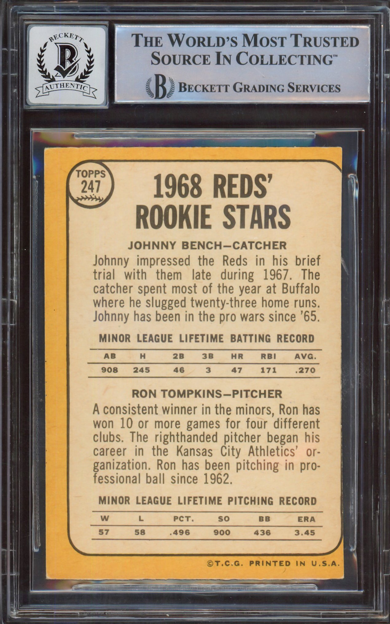 Johnny Bench Autographed 1968 Topps Rookie Card #247A Cincinnati Reds Auto Grade Gem Mint 10 Beckett BAS #14867876