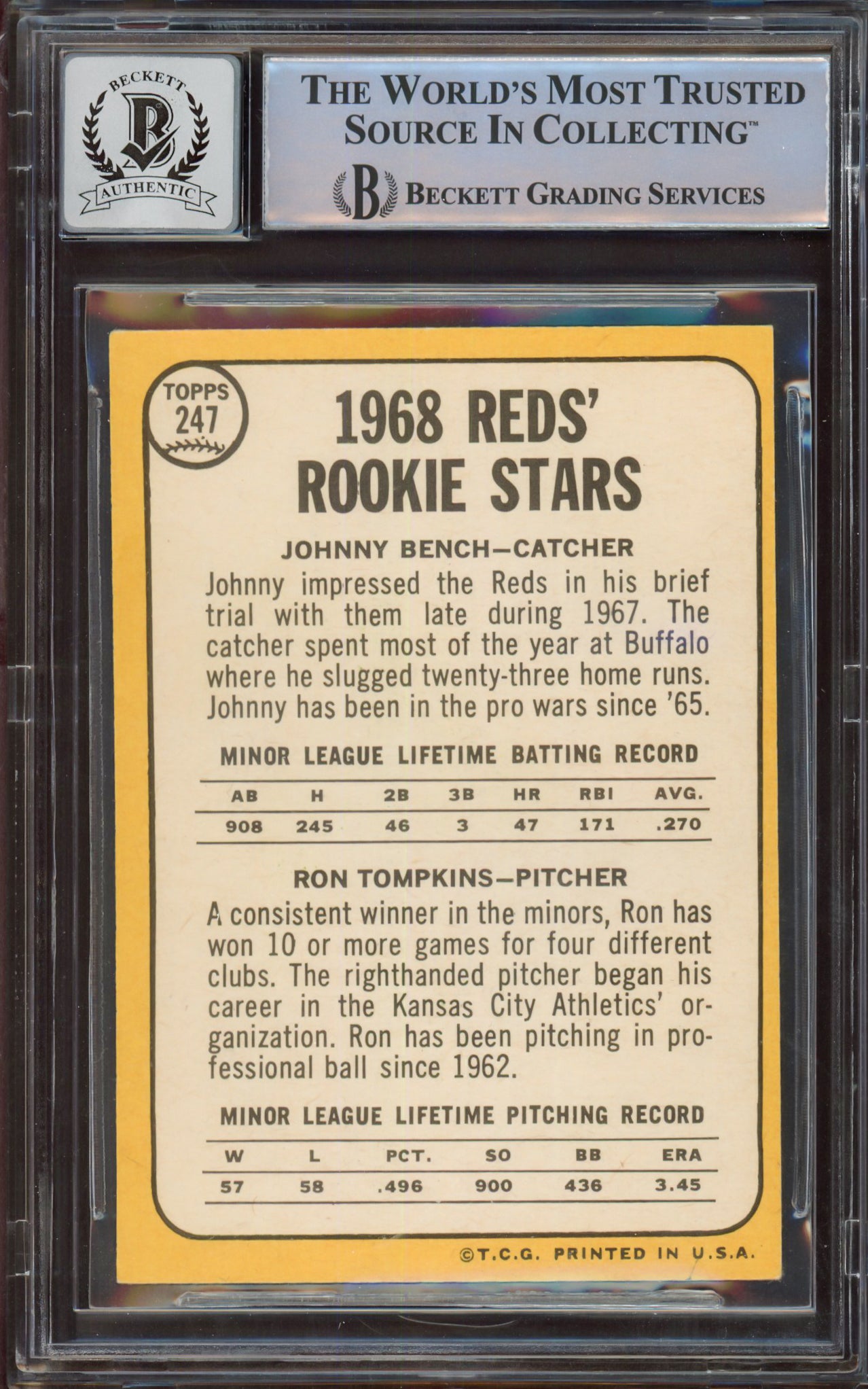 Johnny Bench Autographed 1968 Topps Rookie Card #247A Cincinnati Reds Auto Grade Gem Mint 10 Beckett BAS #14867874