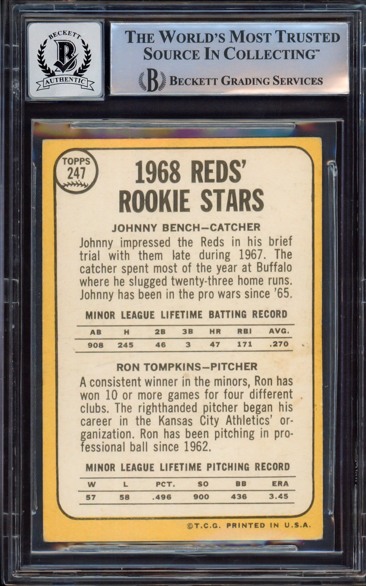 Johnny Bench Autographed 1968 Topps Rookie Card #247A Cincinnati Reds Auto Grade Gem Mint 10 Beckett BAS #14867871