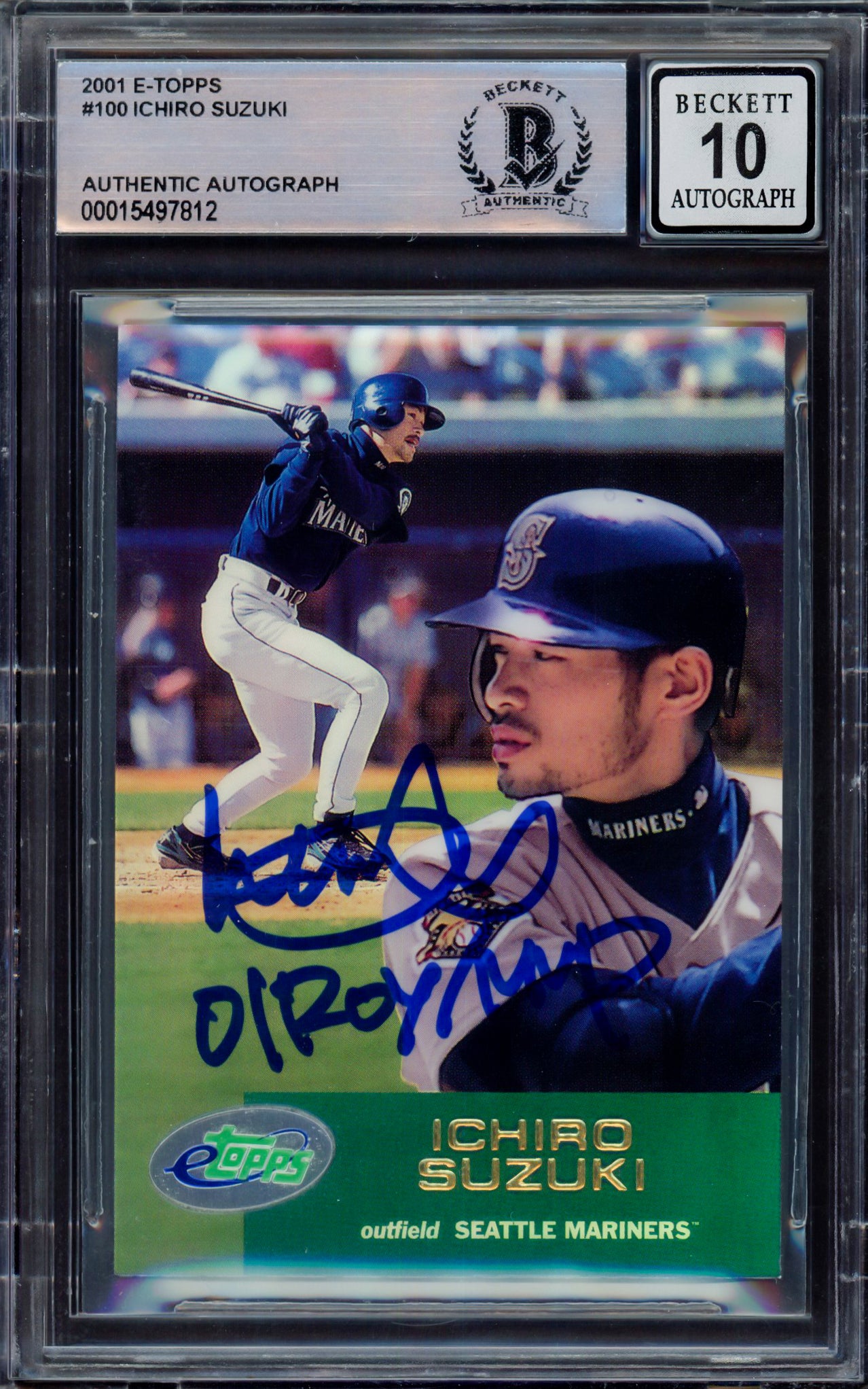 Ichiro Suzuki Autographed 2001 eTopps Rookie Card #100 Seattle Mariners Auto Grade Gem Mint 10 "01 ROY/MVP" Beckett BAS Stock #214683