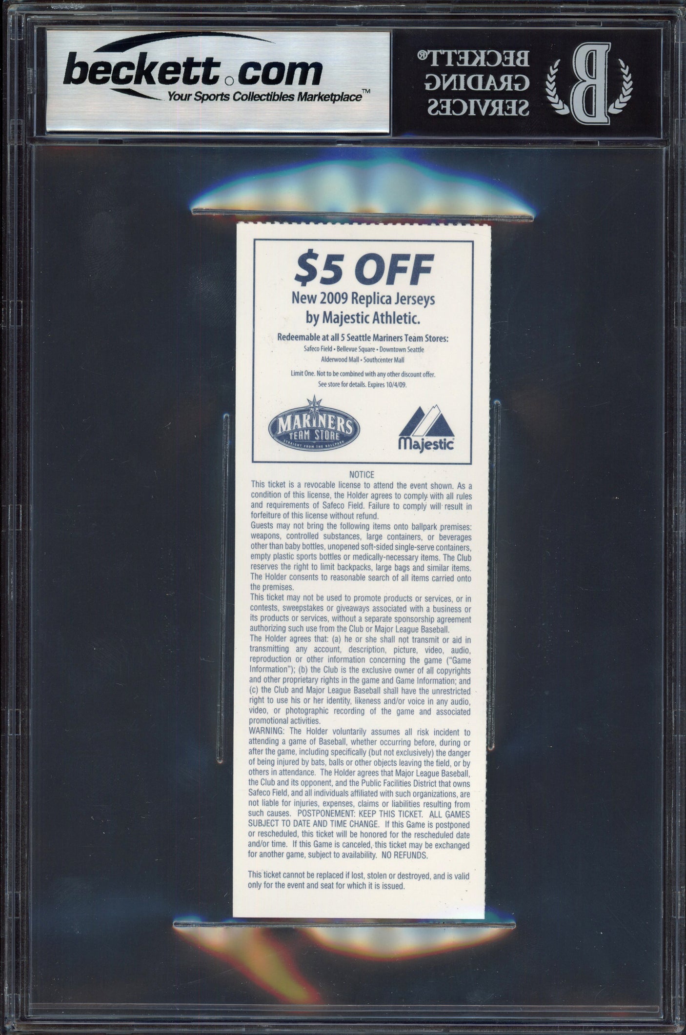 Ichiro Suzuki Autographed September 18th, 2009 Ticket Seattle Mariners Auto Grade Gem Mint 10 "Walk-Off HR" Against Mariano Rivera Beckett BAS #15498766