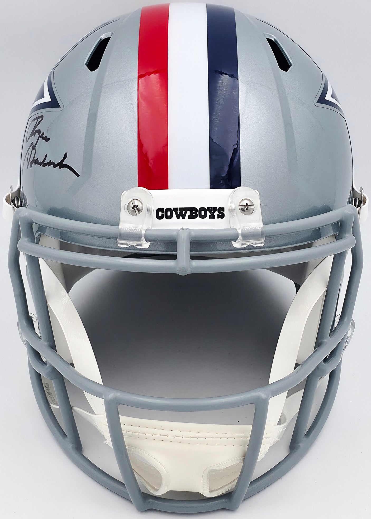 Roger Staubach Autographed Dallas Cowboys 1976 Throwback Silver Full Size Speed Replica Helmet Beckett BAS Witness Stock #238803