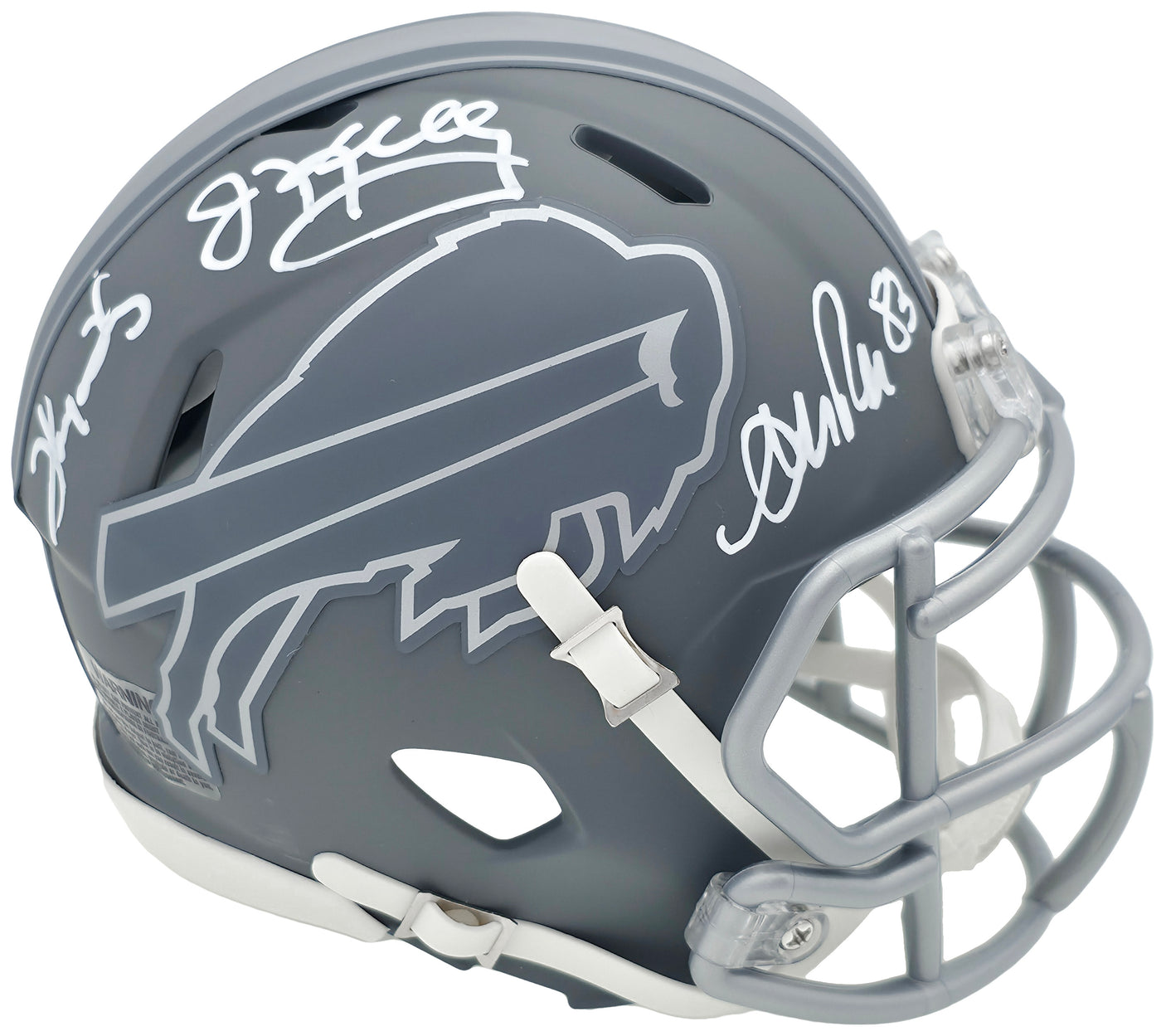 Jim Kelly, Thurman Thomas & Andre Reed Autographed Buffalo Bills Slate Gray Speed Mini Helmet Beckett BAS QR Stock #238933