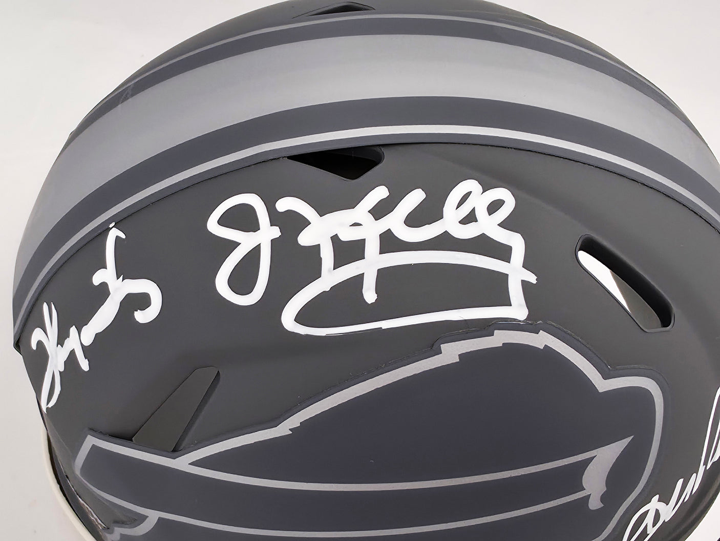 Jim Kelly, Thurman Thomas & Andre Reed Autographed Buffalo Bills Slate Gray Speed Mini Helmet Beckett BAS QR Stock #238933