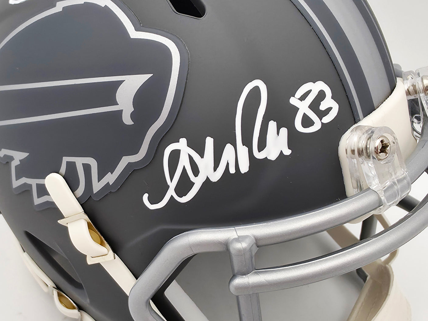 Jim Kelly, Thurman Thomas & Andre Reed Autographed Buffalo Bills Slate Gray Speed Mini Helmet Beckett BAS QR Stock #238933