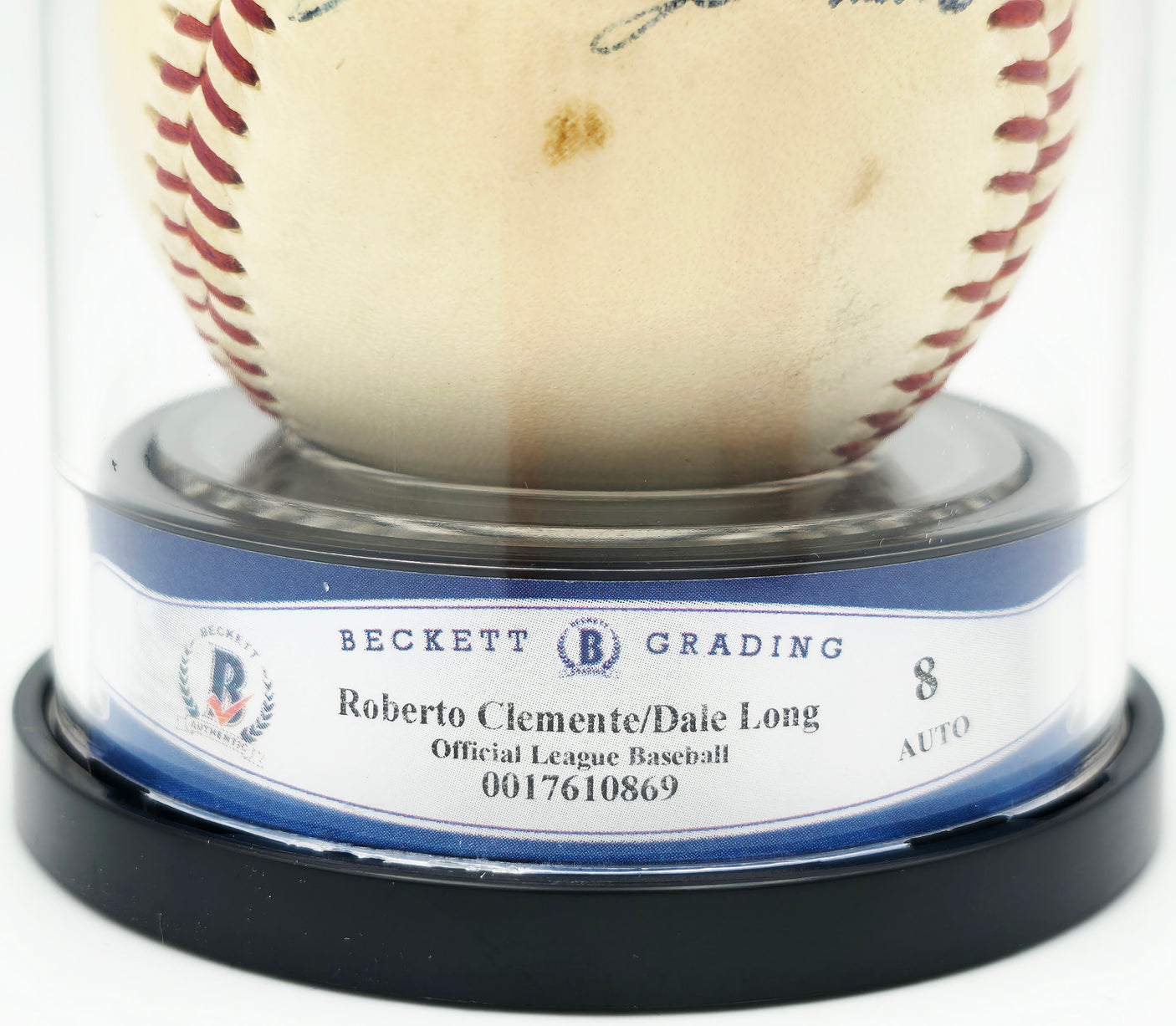 Roberto Clemente & Dale Long Autographed Official Giles NL Baseball Pittsburgh Pirates Auto Grade Near Mint/Mint 8 Beckett BAS #17610869