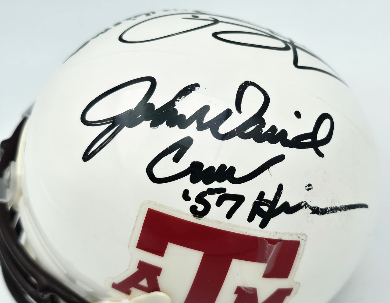 John David Crow & Johnny Manziel Autographed Texas A&M White Schutt Mini Helmet Beckett BAS QR #BR88757