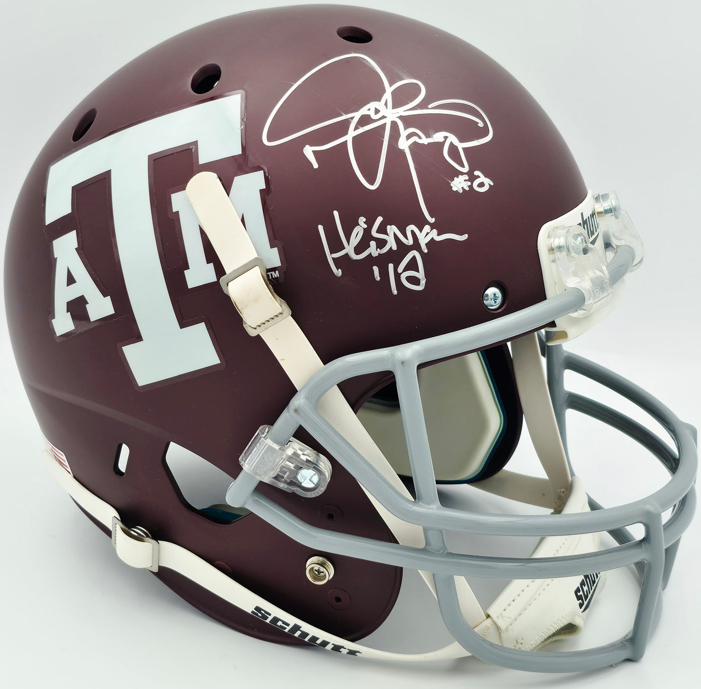 Johnny Manziel Autographed Texas A&M Red Full Size Replica Helmet "Heisman '12" (Smudged) Beckett BAS QR #BR88751