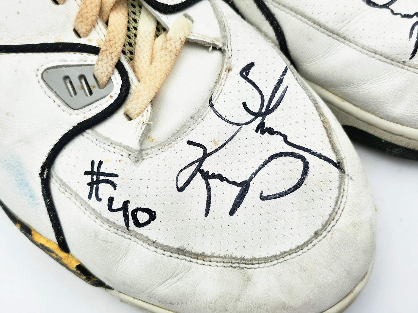 Shawn Kemp Autographed White Game Used Nike Air Jordan Shoes Seattle Supersonics (Damaged) Beckett BAS QR #BR84869 & BR84870
