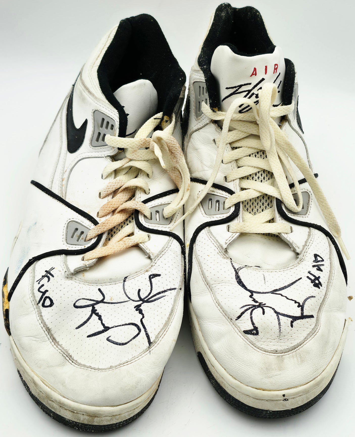 Shawn Kemp Autographed White Game Used Nike Air Jordan Shoes Seattle Supersonics (Damaged) Beckett BAS QR #BR84869 & BR84870
