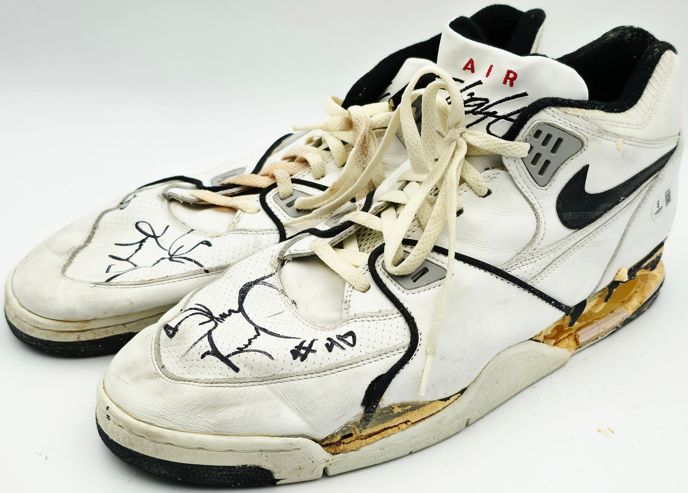 Shawn Kemp Autographed White Game Used Nike Air Jordan Shoes Seattle Supersonics (Damaged) Beckett BAS QR #BR84869 & BR84870