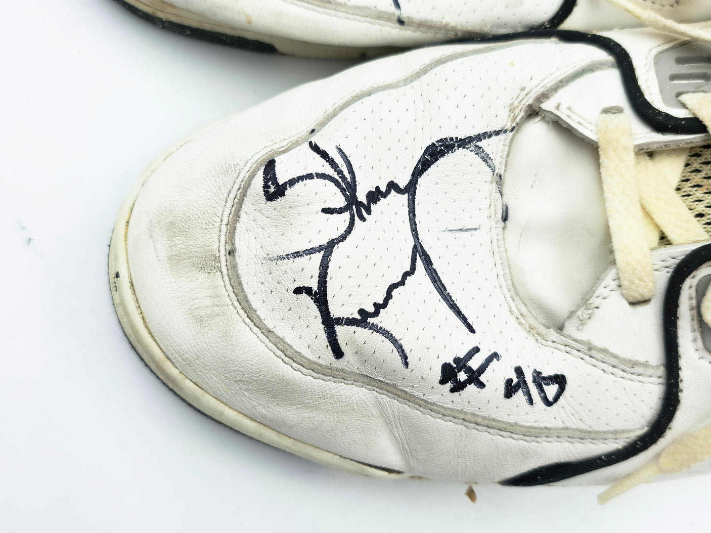 Shawn Kemp Autographed White Game Used Nike Air Jordan Shoes Seattle Supersonics (Damaged) Beckett BAS QR #BR84869 & BR84870