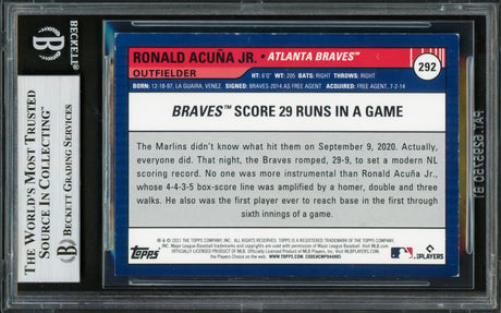 Ronald Acuna Jr. Autographed 2021 Topps Big League Card #292 Atlanta Braves Beckett BAS #16711121