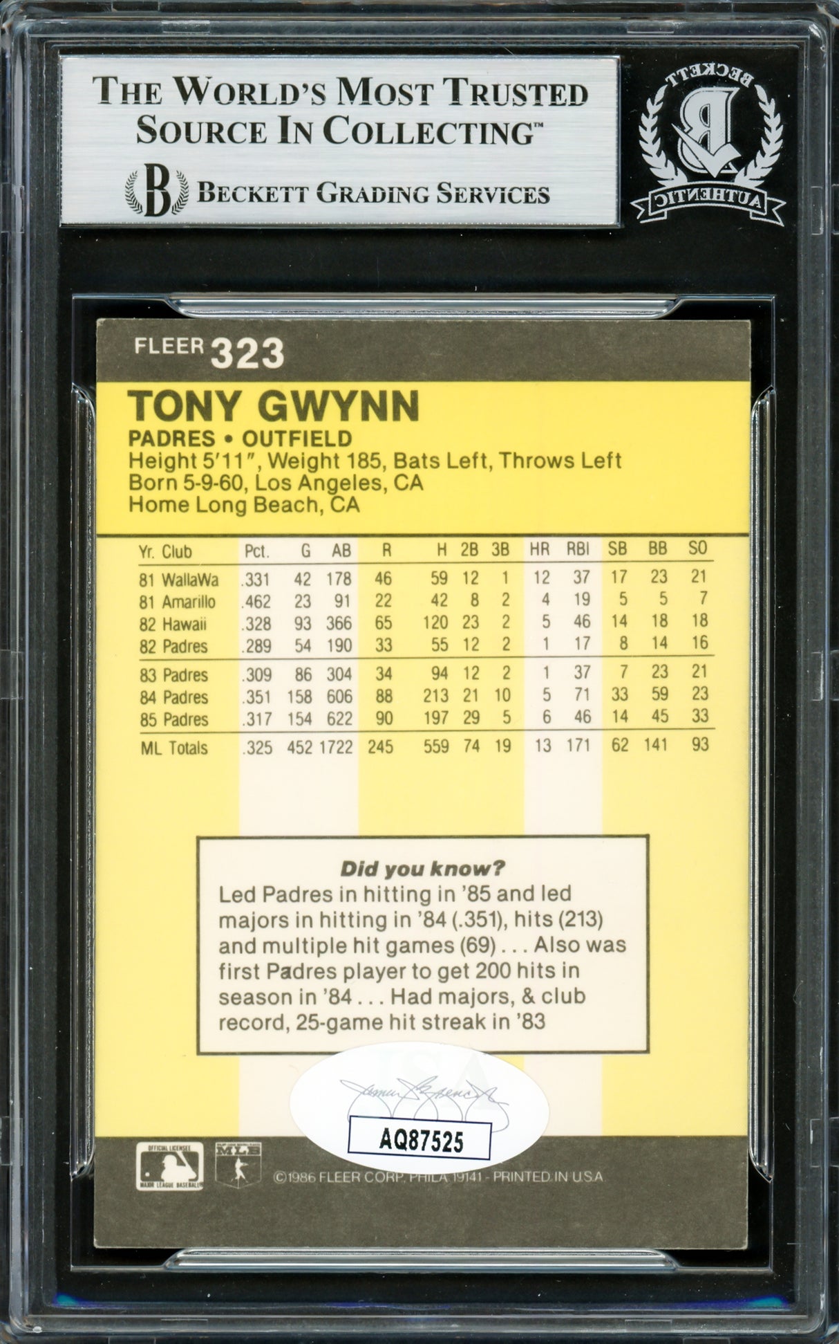 Tony Gwynn Autographed 1986 Fleer Card #323 San Diego Padres Beckett BAS #16705737